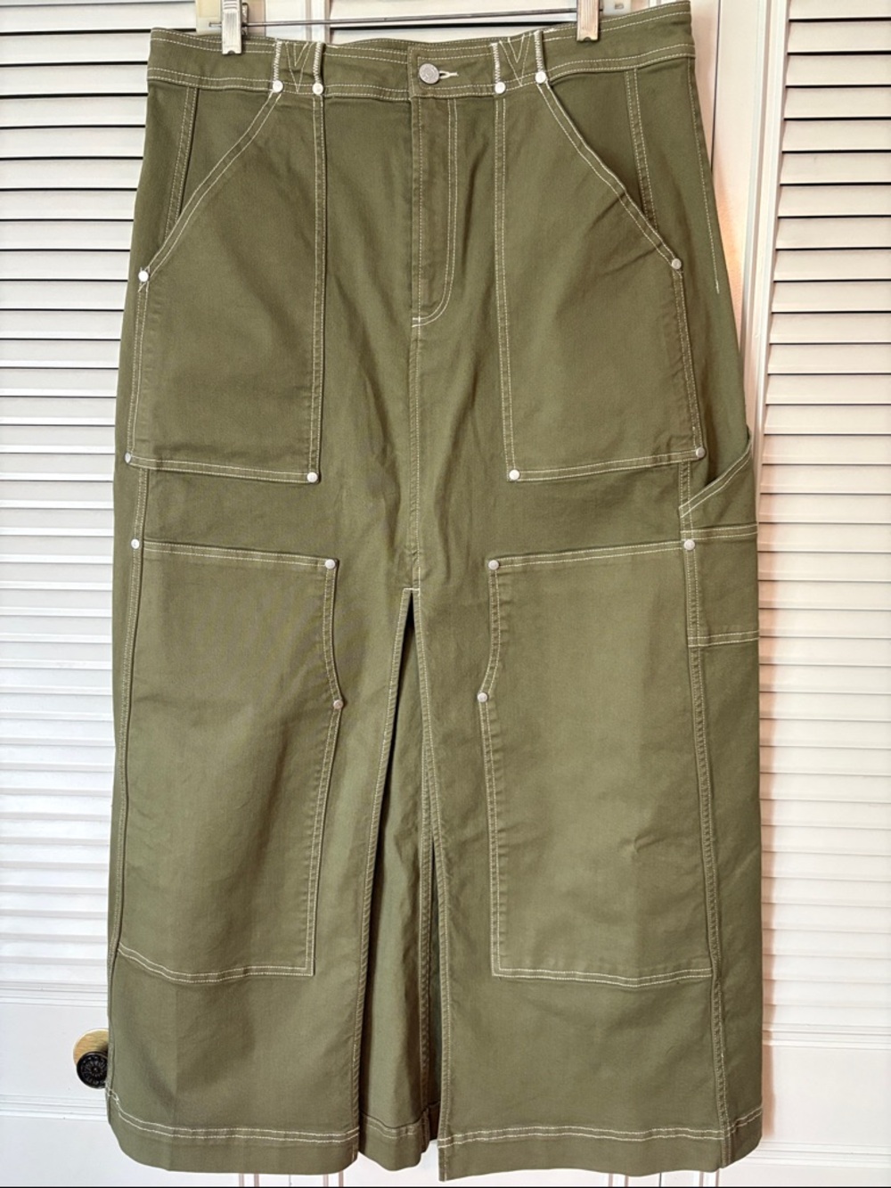 Pilcro Maxi Skirt from Anthropologie Olive Utility Carpenter Skirt S 14 - Picture 2 of 11